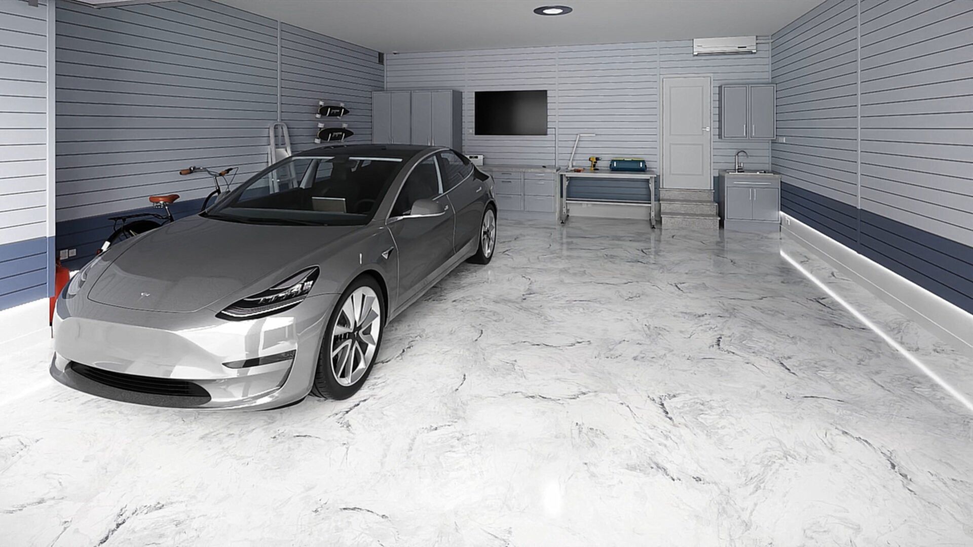 White metallic epoxy garage floor finish